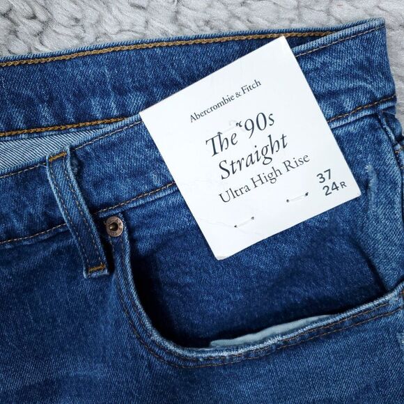 Abercrombie 90s Straight Ultra High Rise Jeans Blue Ripped Distressed Size 24 37 - Picture 5 of 11